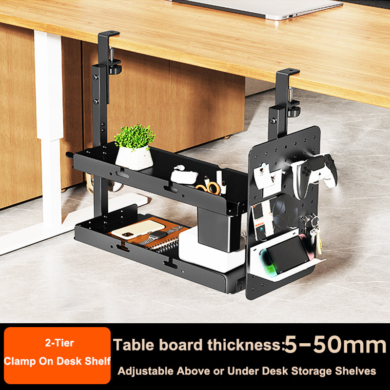 Gaming Home Accessories - クランプ式14インチデスク上・下2段棚ユニット、テーブルアクセサリー、ゲーム機器、その他の収納トレイ、デスクトップオーガナイザー