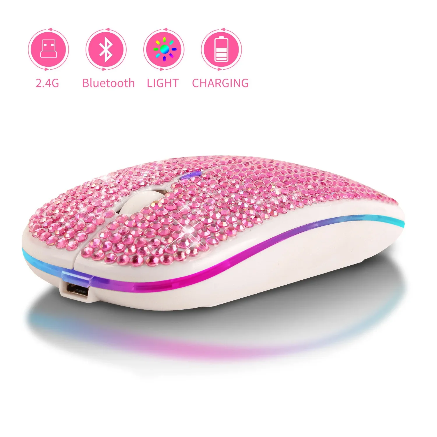 Gaming Accessories Pink - 充電とミュートダイヤモンドスタッズbluetoothデュアルモードマウス電子ギフトカラフルな発光ワイヤレスbluetoothマウス