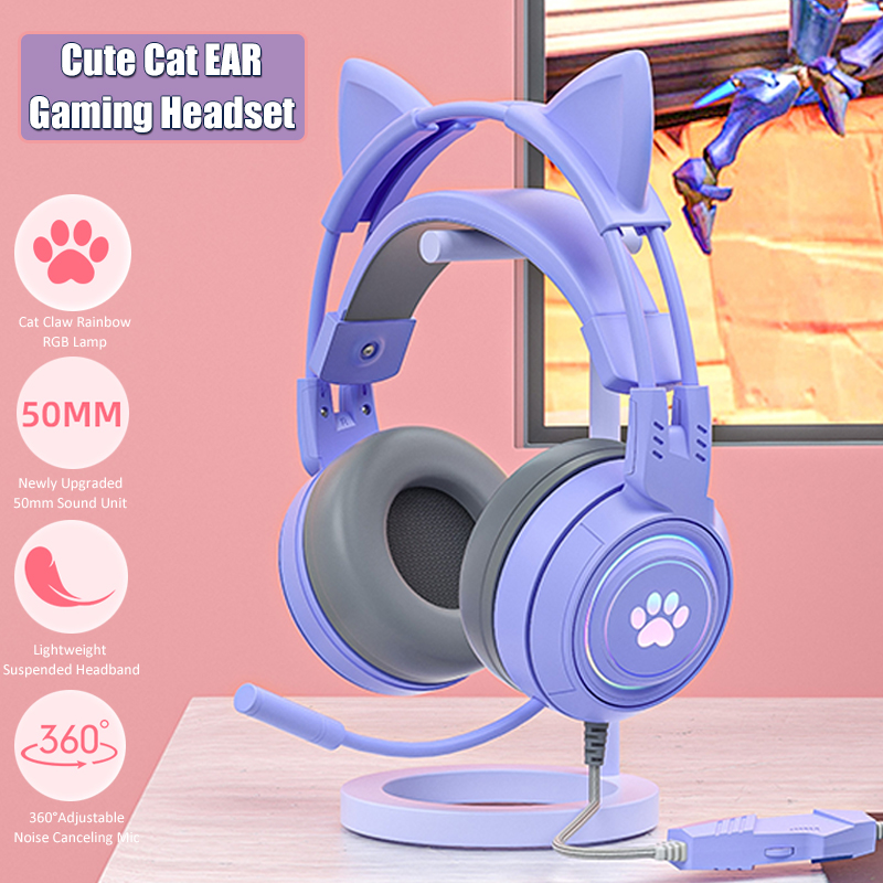 Gaming Accessories Pink - マイク付きのかわいい猫の耳のゲーミングヘッドフォン,RGBのノイズリダクション,ピンクの女の子用ヘッドセット,ゲーマー,PS4用アクセサリー,Xbox,電話,PC,子供向けギフト