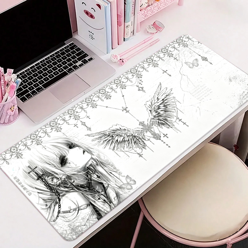 Gaming Accessories Keyboards - レザーマウスパッド黒白アニメ美学エンジェルガールマウスパッドオフィスアクセサリーPCゲームキーボードEスポーツHDデスクマット