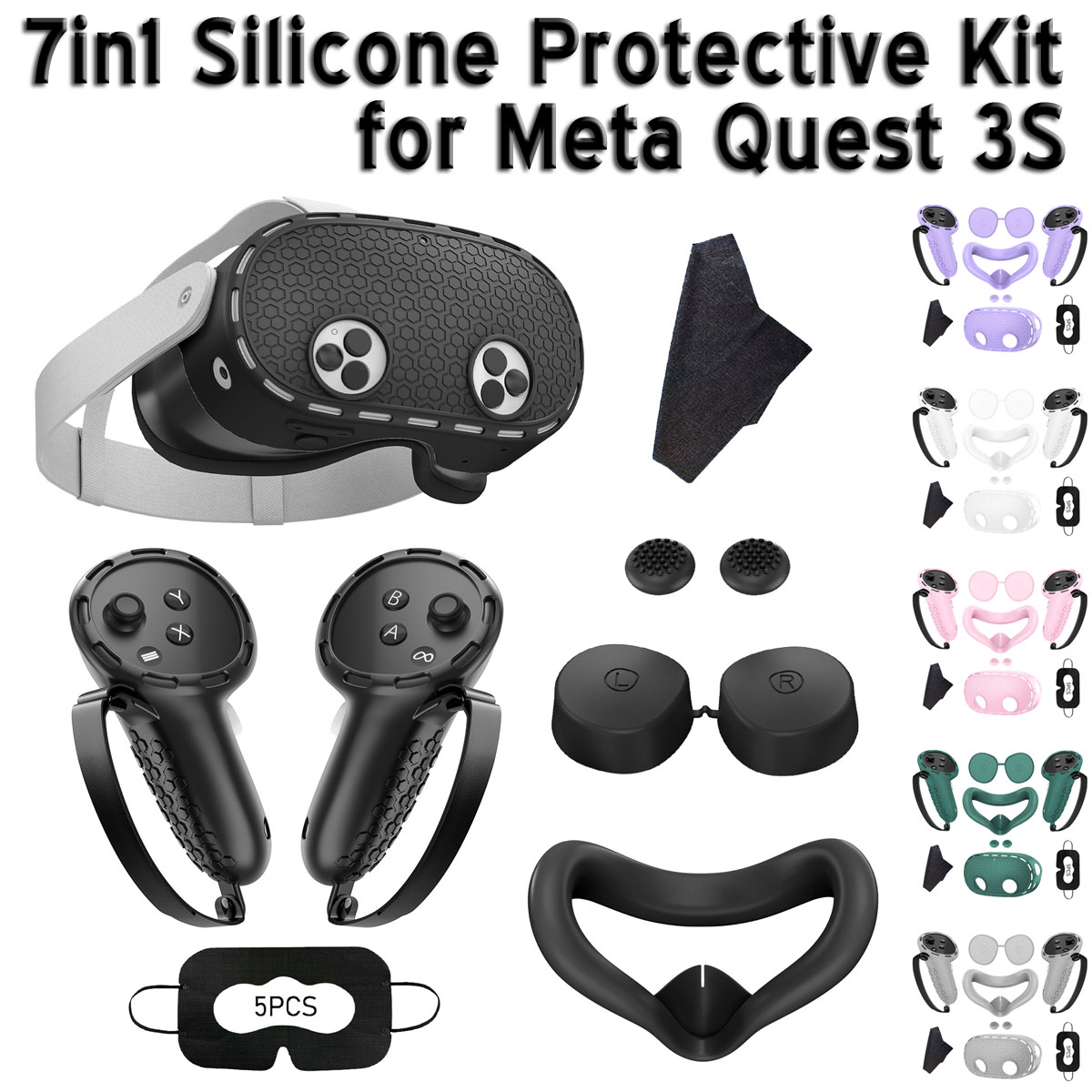 Controller Grip Cover - Meta Quest 3S VRコントローラー用7in1シリコン保護キット グリップ フェイスカバー