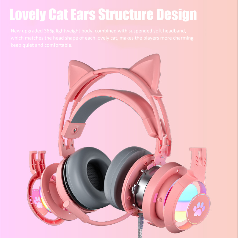 マイク付きのかわいい猫の耳のゲーミングヘッドフォン,RGBの - Gaming Accessories Pink のレビューと価格